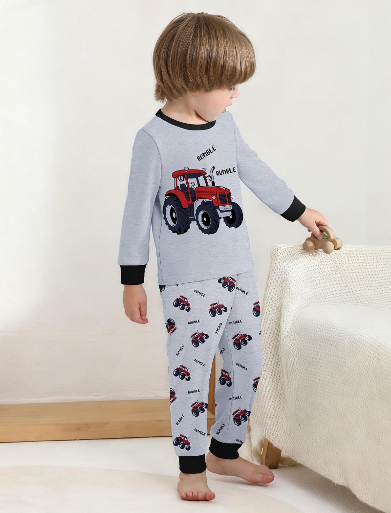 Mikrdoo Boys Pajamas Set Long Sleeve Tops & Pants Kids PJ Set Sleepwear, Gray Tractor, 3T - Image 3