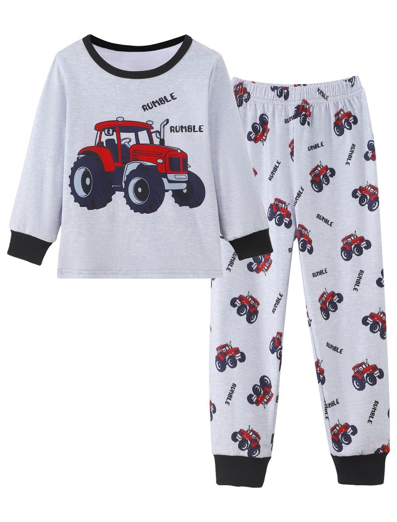 Mikrdoo Boys Pajamas Set Long Sleeve Tops & Pants Kids PJ Set Sleepwear, Gray Tractor, 3T - Image 1
