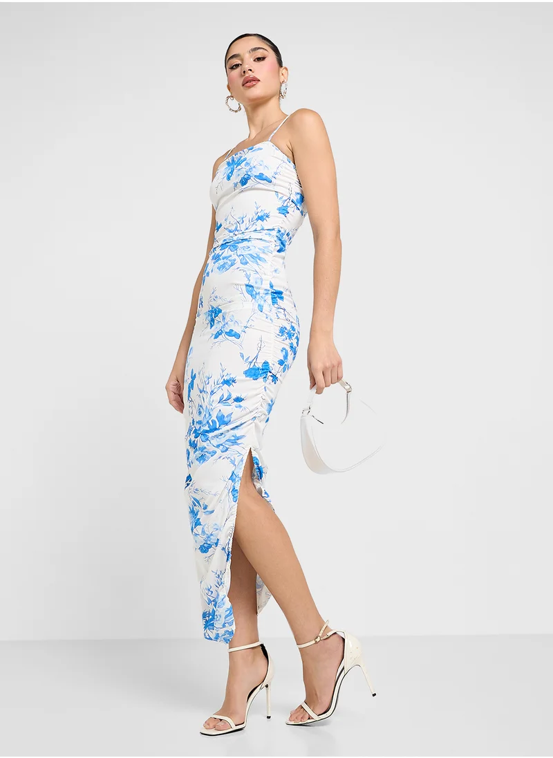 جينجر Strappy Floral Gather Detail Midi Dress