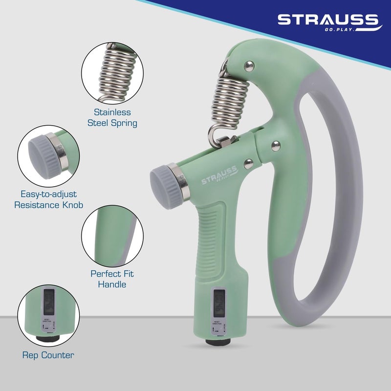 STRAUSS قبضة يد على شكل D مع عداد رقمي | مقاومة قابلة للتعديل (10KG -100KG) | مقبض يد/قوة للتدريبات المنزلية والصالة الرياضية | تمارين اليد والأصابع وبناء القوة (أخضر) - Image 2