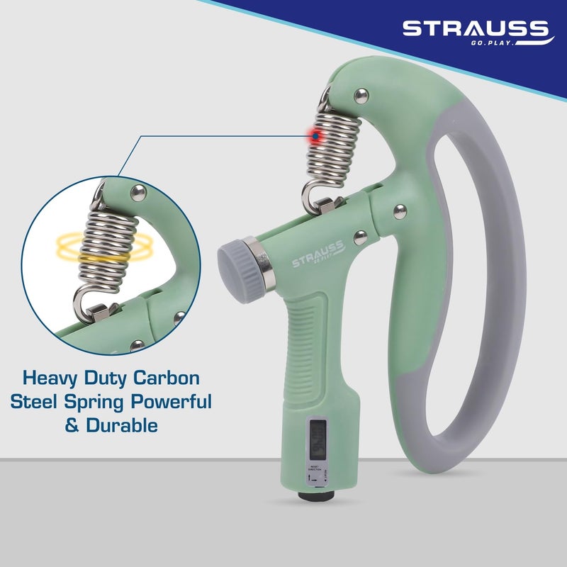 STRAUSS قبضة يد على شكل D مع عداد رقمي | مقاومة قابلة للتعديل (10KG -100KG) | مقبض يد/قوة للتدريبات المنزلية والصالة الرياضية | تمارين اليد والأصابع وبناء القوة (أخضر) - Image 3