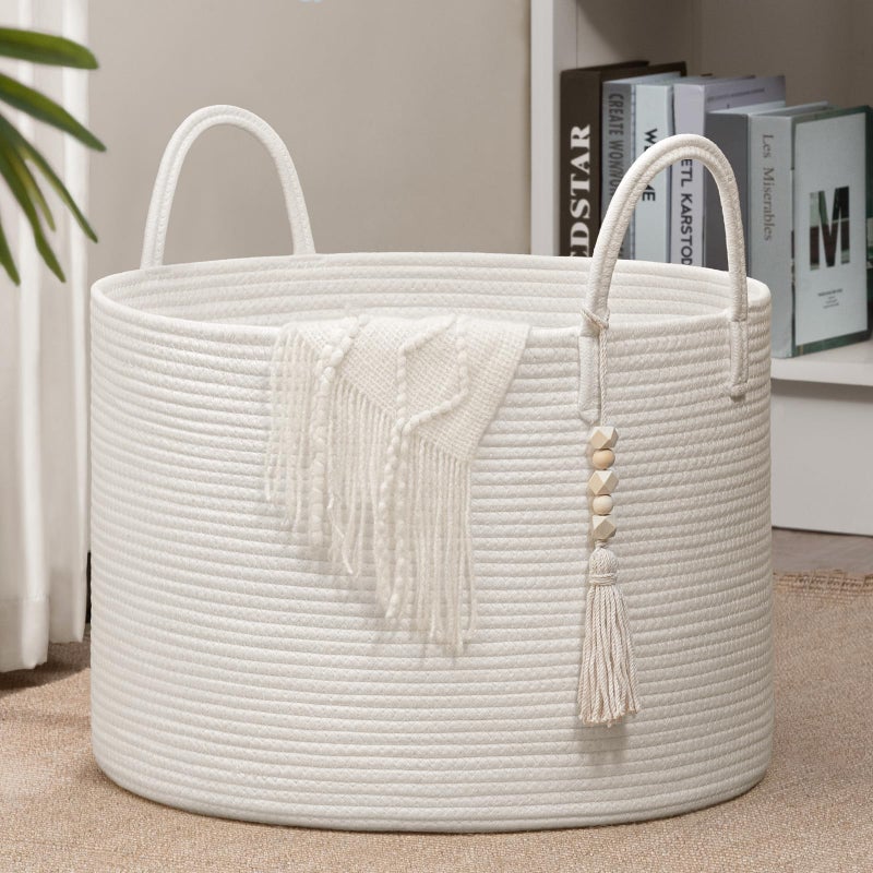 Goodpick Large Laundry Basket Decorative White Basket for Blankets, Baby Storage Basket for Nursery, Living Room, Bedroom, Big Rope Hamper 17.7 x 12.6 Inches, White - Image 1