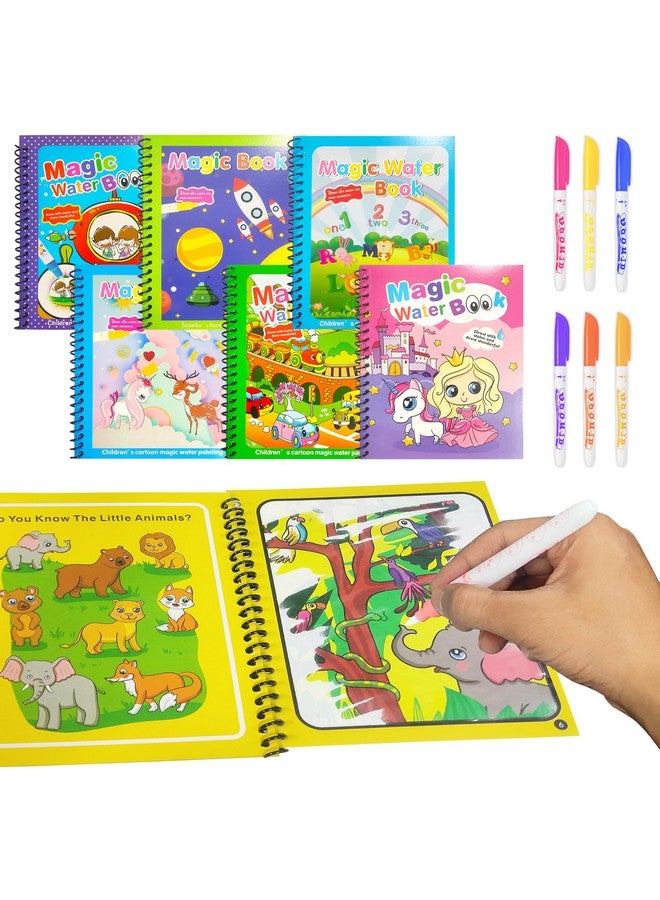 VGRASSP Reusable Magic Water Coloring Painting Book for Kids - Self Drying Water Pen - Fun and Learn Cartoon Educational Drawing Pad (Pack of 6) - Image 1
