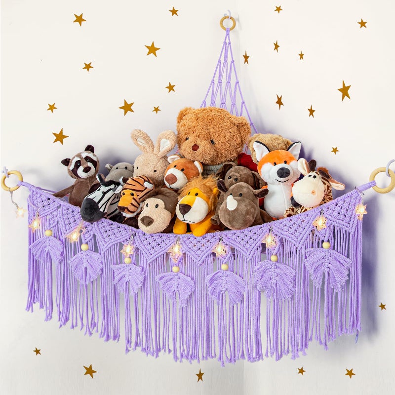 ANROYE Macrame Stuffed Animal Storage with Star Light Bear Purple Hammock for Girls Room Decor Corner Hanging Mesh Organizer Idea for Nursery Plushies Toy Wall Hanging Display Holder Kid Gift