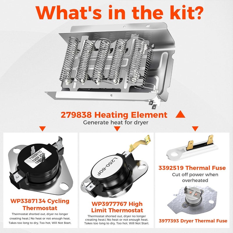 Romalon Hot Selling 279838 W10724237 Dryer Heating Element 3403585 For Whirlpool wed4815ew1 Kenmore 110 500 600 Maytag Medc215ew1 Roper Amana ned4655ew1 Replaces 3398064 2406026 3403585 OEM - Image 2