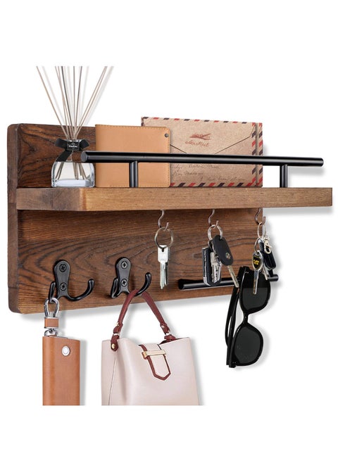 Mail Key Holder for Wall Decorative, Wooden Mail Organizer Wall Mount with 5 Key Hooks, Wood Key Hangers for Wall with Mail Key Rack