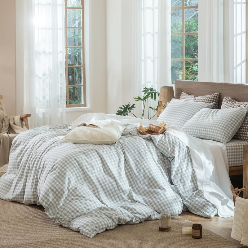 MooMee Gingham Duvet Cover Set 100% Washed Cotton Linen Like Textured Breathable Durable Soft Comfy Modern Checkered Design (Northern Droplet Grey Gingham, King 104"x90") - Image 3