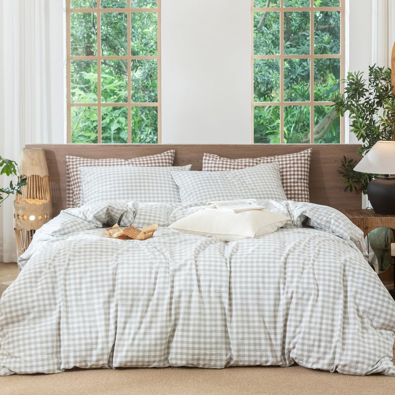 MooMee Gingham Duvet Cover Set 100% Washed Cotton Linen Like Textured Breathable Durable Soft Comfy Modern Checkered Design (Northern Droplet Grey Gingham, King 104"x90") - Image 1