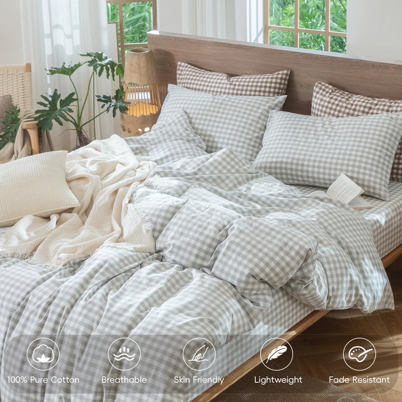 MooMee Gingham Duvet Cover Set 100% Washed Cotton Linen Like Textured Breathable Durable Soft Comfy Modern Checkered Design (Northern Droplet Grey Gingham, King 104"x90") - Image 4