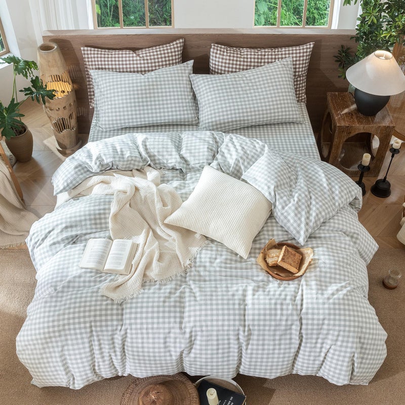 MooMee Gingham Duvet Cover Set 100% Washed Cotton Linen Like Textured Breathable Durable Soft Comfy Modern Checkered Design (Northern Droplet Grey Gingham, King 104"x90") - Image 5