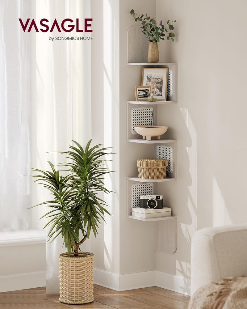 VASAGLE 5-Tier Corner Shelf, Wall Mounted Floating Shelf, Zigzag Corner Shelf Unit, PVC Rattan Sides, Space-Saving, for Kitchen, Living Room, Bedroom, Boho Style, Oatmeal Beige - Image 2