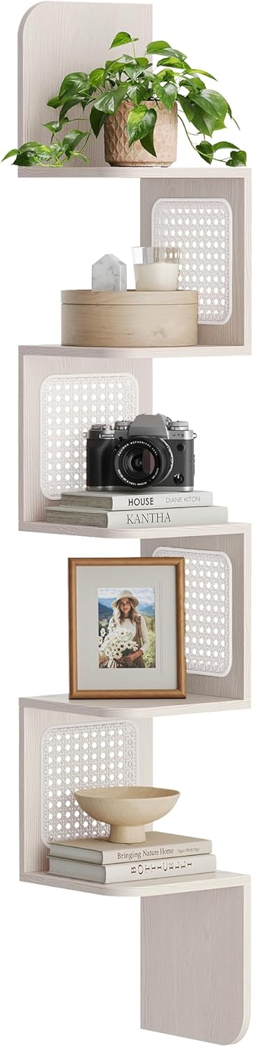 VASAGLE 5-Tier Corner Shelf, Wall Mounted Floating Shelf, Zigzag Corner Shelf Unit, PVC Rattan Sides, Space-Saving, for Kitchen, Living Room, Bedroom, Boho Style, Oatmeal Beige - Image 1