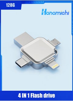 HANAMICHI USB Flash Drive USB 3.0 128GB Memory Stick 4 in 1 Multi-Purpose Flash Drive for iPhone, Android Smartphones, iPad, Mac, Laptop, Silver  - Image 1