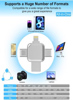 HANAMICHI USB Flash Drive USB 3.0 128GB Memory Stick 4 in 1 Multi-Purpose Flash Drive for iPhone, Android Smartphones, iPad, Mac, Laptop, Silver  - Image 3