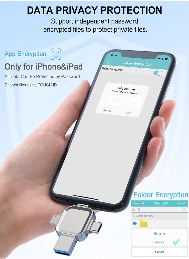 هاناميشي - محرك أقراص فلاش USB USB 3.0 سعة 128 جيجابايت، ذاكرة 4 في 1 متعددة الأغراض لأجهزة iPhone والهواتف الذكية التي تعمل بنظام Android وأجهزة iPad وMac وأجهزة الكمبيوتر المحمولة، لون فضي - Image 1
