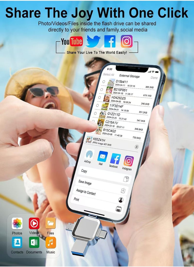 هاناميشي - محرك أقراص فلاش USB USB 3.0 سعة 128 جيجابايت، ذاكرة 4 في 1 متعددة الأغراض لأجهزة iPhone والهواتف الذكية التي تعمل بنظام Android وأجهزة iPad وMac وأجهزة الكمبيوتر المحمولة، لون فضي - Image 1