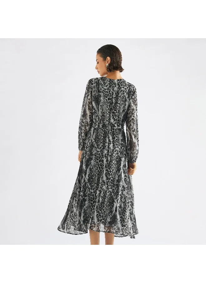 FAV Animal Print Midi Dress with Round Neck and Long Sleeves