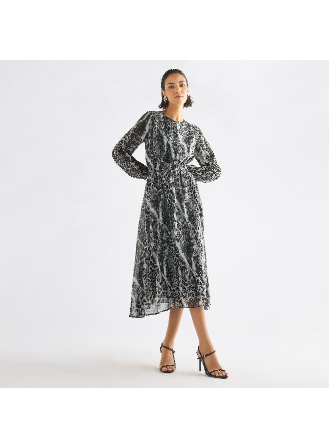 سبلاش فيڤ فستان ميدي بياقة مستديرة وأكمام طويلة وطبعات حيوانات - Image 4