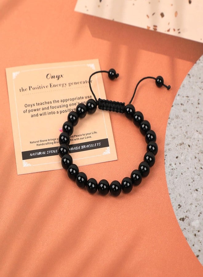 AD BEADS سوار أونيكس 8 مم - حجر مولد الطاقة الإيجابية - سوار كريستالي طبيعي مصنوع يدويًا مع حبل ماكرامي قابل للتعديل - هدايا طاقة الشفاء لليوغا للرجال والنساء - Image 2