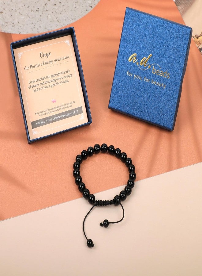 AD BEADS سوار أونيكس 8 مم - حجر مولد الطاقة الإيجابية - سوار كريستالي طبيعي مصنوع يدويًا مع حبل ماكرامي قابل للتعديل - هدايا طاقة الشفاء لليوغا للرجال والنساء - Image 3