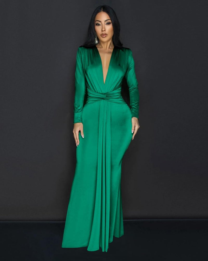 Memoriesea Women's Elegant Long Sleeve Deep V Neck Bodycon Party Evening Gown Maxi Dress Green - Image 4