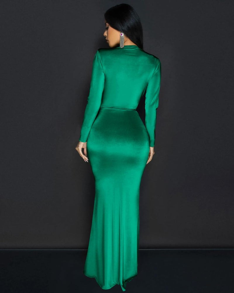 Memoriesea Women's Elegant Long Sleeve Deep V Neck Bodycon Party Evening Gown Maxi Dress Green - Image 5
