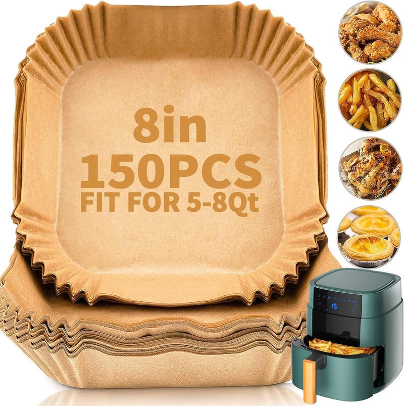 DSMY 150 PCS Air Fryer Disposable Paper Liners,8 Inch Square Parchment Disposable Paper Liner for 5-8QT Air Fryer,Baking, Roasting and Microwave, Non-Stick Airfryer Accessories - Image 1