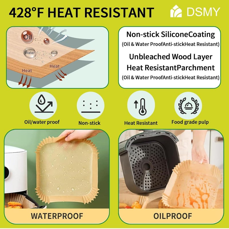 DSMY 150 PCS Air Fryer Disposable Paper Liners,8 Inch Square Parchment Disposable Paper Liner for 5-8QT Air Fryer,Baking, Roasting and Microwave, Non-Stick Airfryer Accessories - Image 4