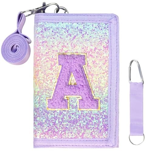 SiorVeol Girls Wallet for Kids Initial Glitter Wallets Trifold with Zipper and Card Slots Including Neck Lanyard and Hanging Strap, Pink Purple, A - Image 1