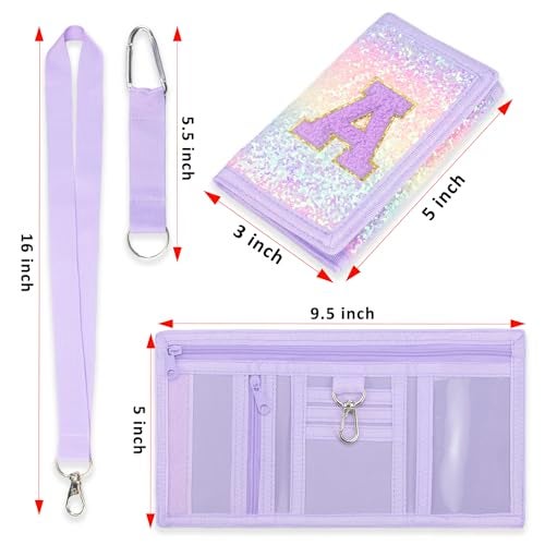 SiorVeol Girls Wallet for Kids Initial Glitter Wallets Trifold with Zipper and Card Slots Including Neck Lanyard and Hanging Strap, Pink Purple, A - Image 5
