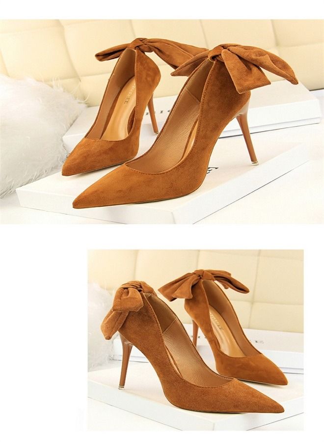 BIGTREE كعب عالٍ مدبب منخفض من الجلد المدبوغ 10.5 سم بني - Image 3