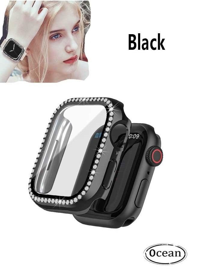 Ocean Waterproof Bling Screen Protector for Apple Watch Series 7/8 Watch Case 41mm, Women Glitter Diamond Rhinestone Bumper Sparkly Face Cover for iWatch 41mm (Black) 