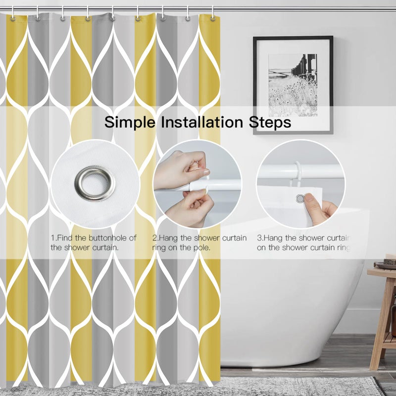 Gelbchu Gray Yellow Shower Curtain W 72 x H 72  Waterproof Design and Polyester  Quick-Drying  Weighted Hem  Shower Curtains Set for Bathroom  Machine Washable with 12 Hooks - Image 3