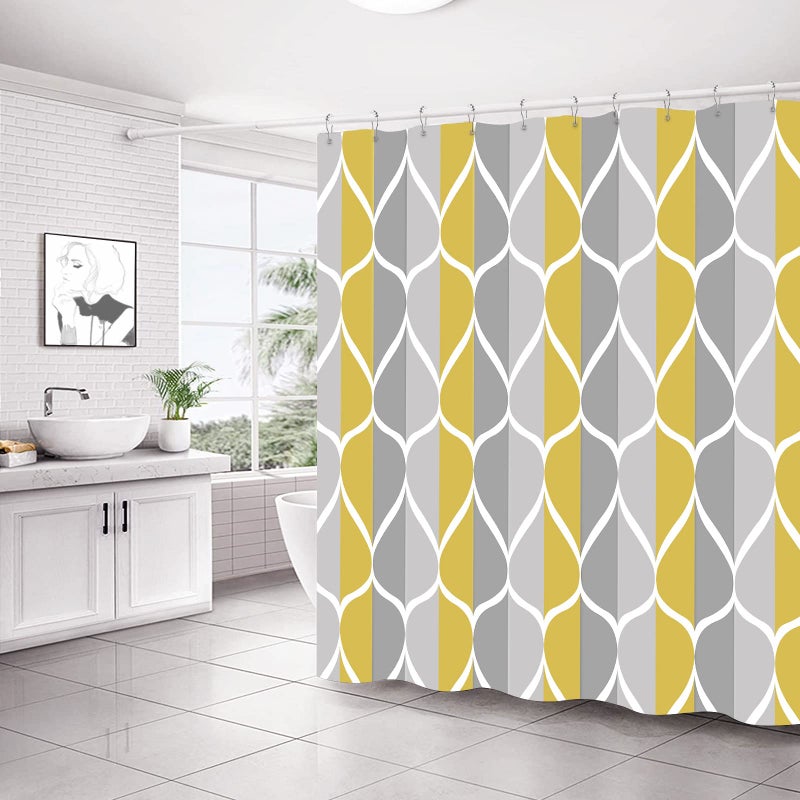 Gelbchu Gray Yellow Shower Curtain W 72 x H 72  Waterproof Design and Polyester  Quick-Drying  Weighted Hem  Shower Curtains Set for Bathroom  Machine Washable with 12 Hooks - Image 2