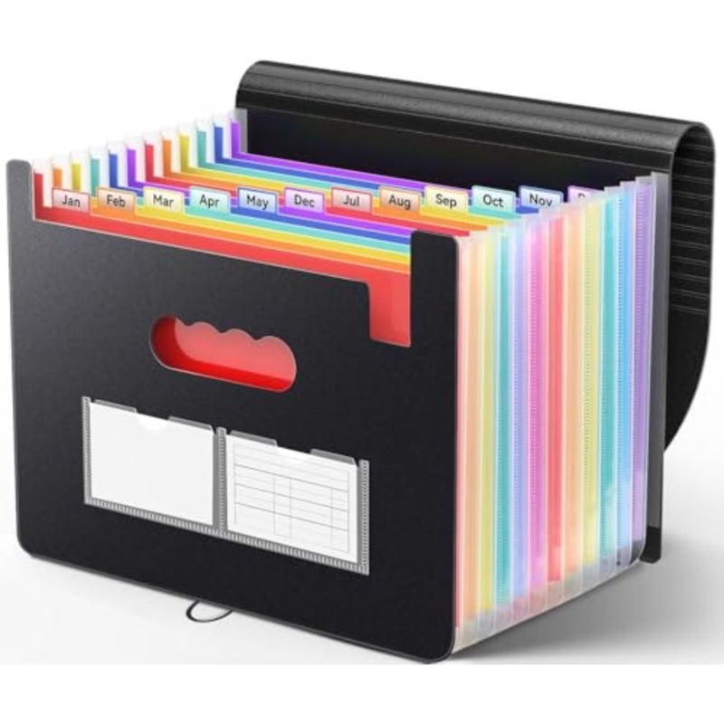 Black Accordion File Organizer with 12 Pockets, Expandable Document Wallet for Monthly Bills Tax Receipts, Letter A4 Size Paper Folder with Blank Labels - Image 1