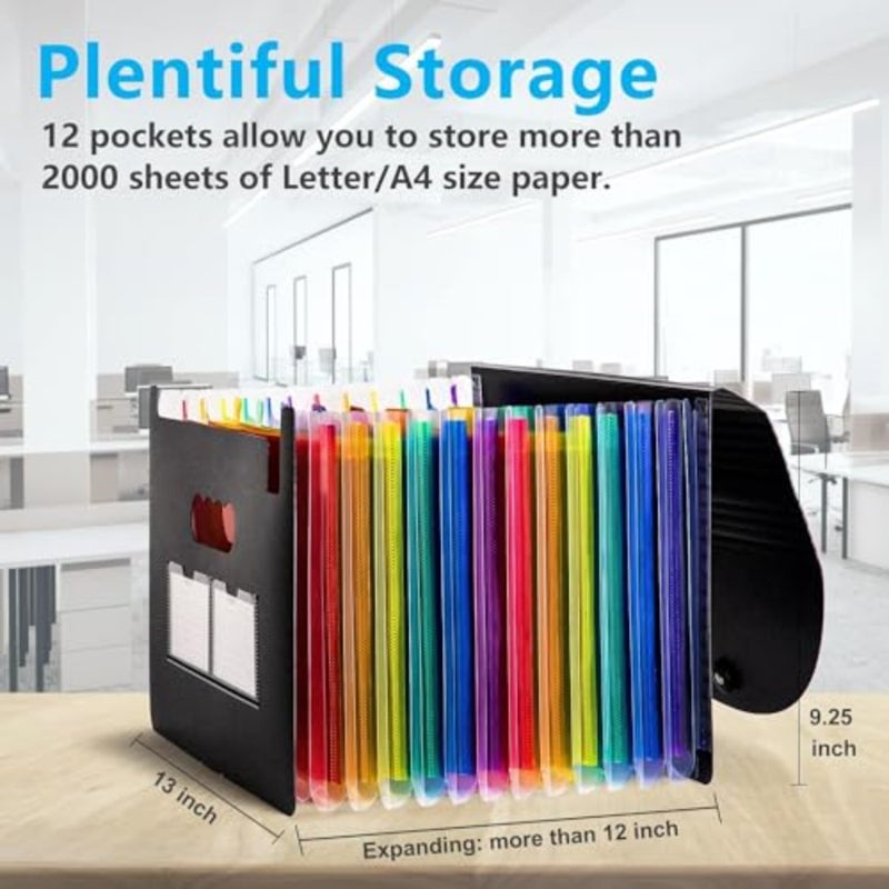 Black Accordion File Organizer with 12 Pockets, Expandable Document Wallet for Monthly Bills Tax Receipts, Letter A4 Size Paper Folder with Blank Labels - Image 2