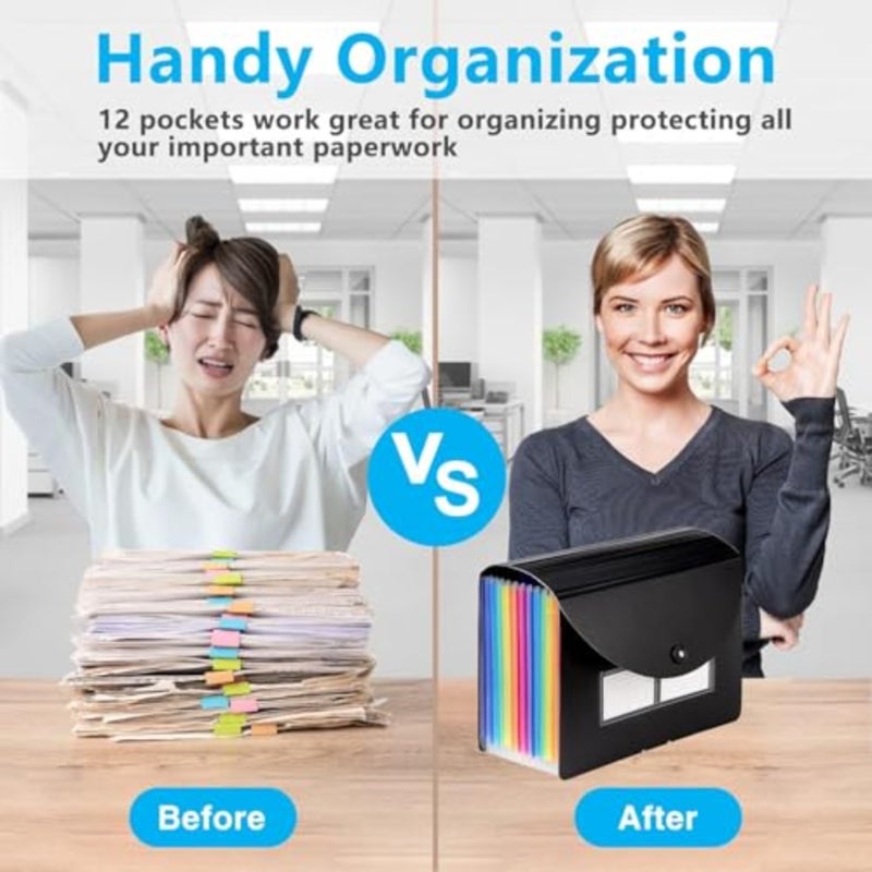 Black Accordion File Organizer with 12 Pockets, Expandable Document Wallet for Monthly Bills Tax Receipts, Letter A4 Size Paper Folder with Blank Labels - Image 4