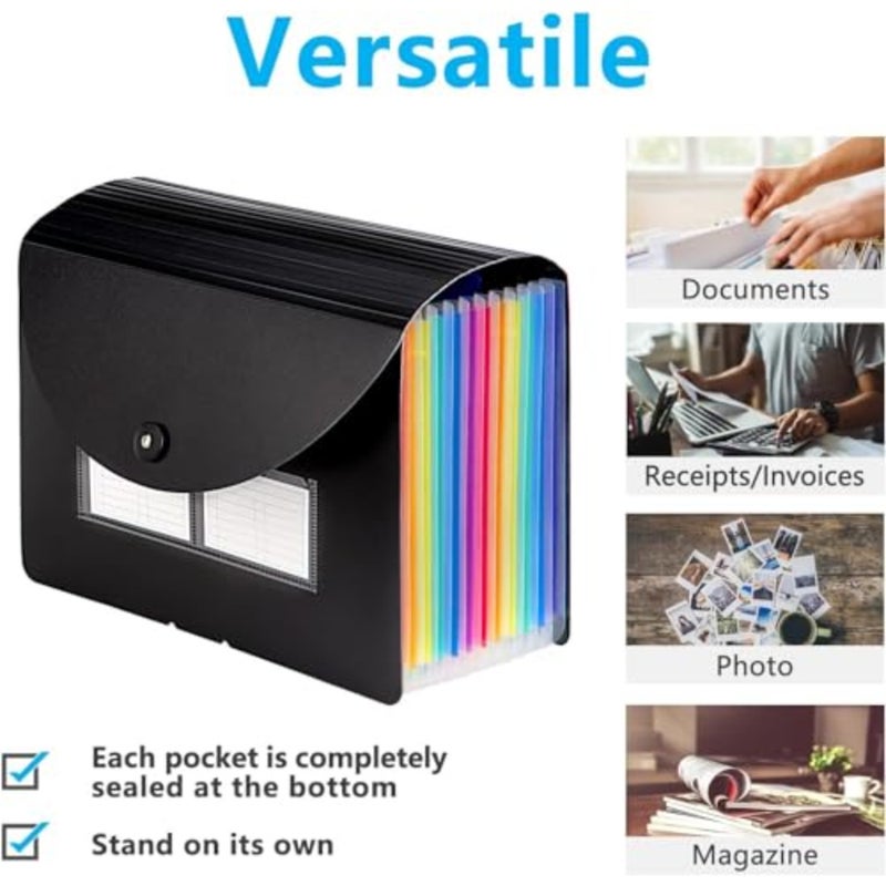 Black Accordion File Organizer with 12 Pockets, Expandable Document Wallet for Monthly Bills Tax Receipts, Letter A4 Size Paper Folder with Blank Labels - Image 5