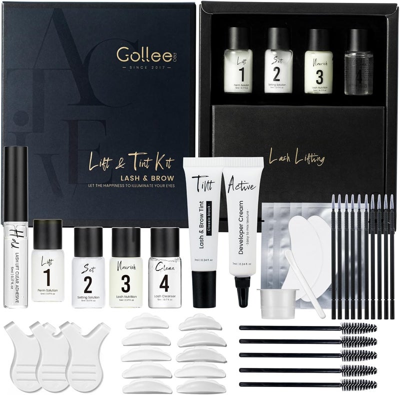 جوللي مجموعة Gollee 4 في 1 لرفع الرموش وتصفيف الحواجب (Black Eyelash & Brow Lamination Kit): مجموعة متخصصة لتثبيت شكل الرموش بطريقة دائمة، تحتوي على تعليمات مفصلة وأدوات كاملة، سهلة الاستخدام حتى بالنسبة للمبتدئين. يمكنك الحصول على نتائج مماثلة لتلك الموجودة في السالون من خلال استخدامها في المنزل. - Image 1