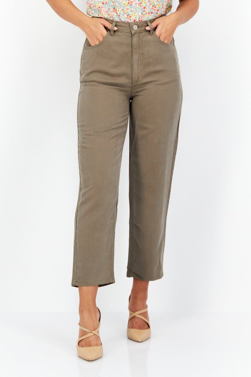 GUESS سروال مستقيم نسائي سادة، زيتوني - Image 1