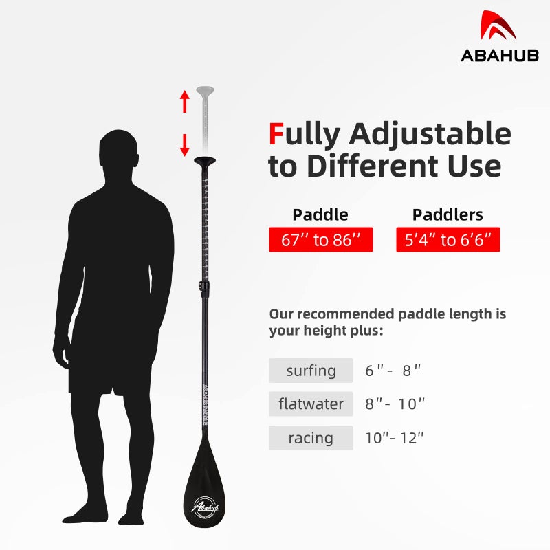 Abahub Carbon SUP Paddles, 1 x 3 Section Adjustable 67" - 86" Carbon Fiber Shaft, Lightweight Stand-up Paddle Oars for Paddleboard, Black Print Plastic Blade + Paddle Bag - Image 4