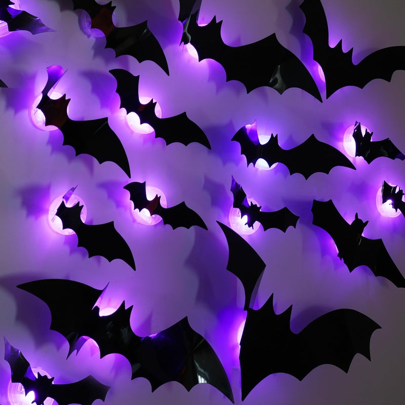TW SHINE 36 Pcs Halloween Bats Wall Decor Removable Lighted 3D Bats Wall Stickers Assorted Size PVC Halloween Decorations for Indoor Outdoor Home Window Party Supplies