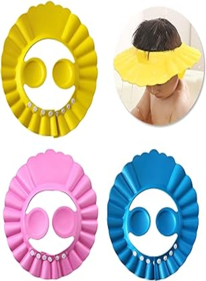 Pengxiaomei 3Pcs Baby Shower Caps,3 Colors Baby Bathing Hat Kids Adjustable Shower Cap Kids Wash Hair Shield with Ear Protection