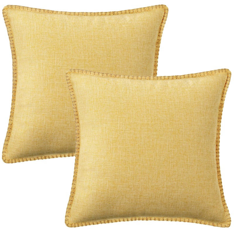 decorUhome Decorative Outdoor Throw Pillow Covers 18x18 Set of 2 Square Linen Rustic Neutral Farmhouse Euro Pillow Covers with Stitched Edge for Couch Sofa Living Room Mustard Yellow