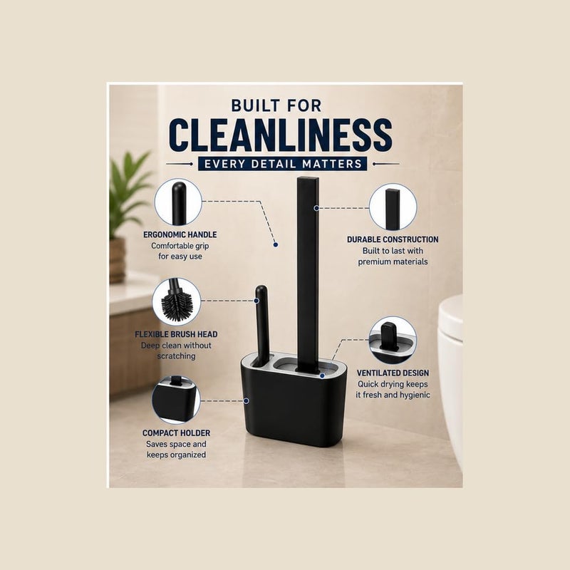 Toilet Brush Silicone Set With Holder – 3 in 1 Bathroom Cleaning Kit With Large And Small Brushes – Wall Mounted Or Standing – Quick Dry Base – Modern Compact Design (black) - Image 4
