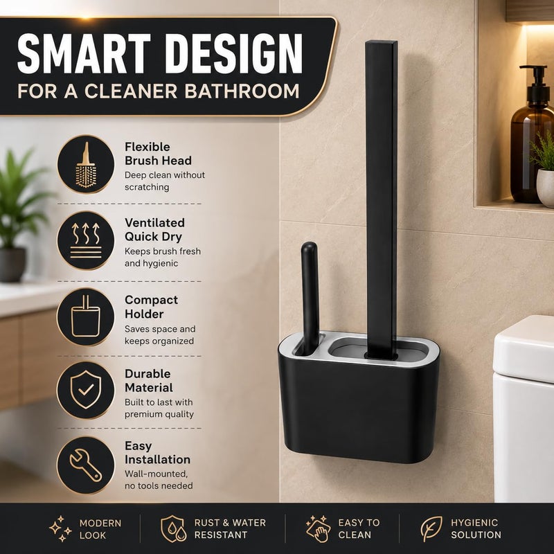 Toilet Brush Silicone Set With Holder – 3 in 1 Bathroom Cleaning Kit With Large And Small Brushes – Wall Mounted Or Standing – Quick Dry Base – Modern Compact Design (black) - Image 3