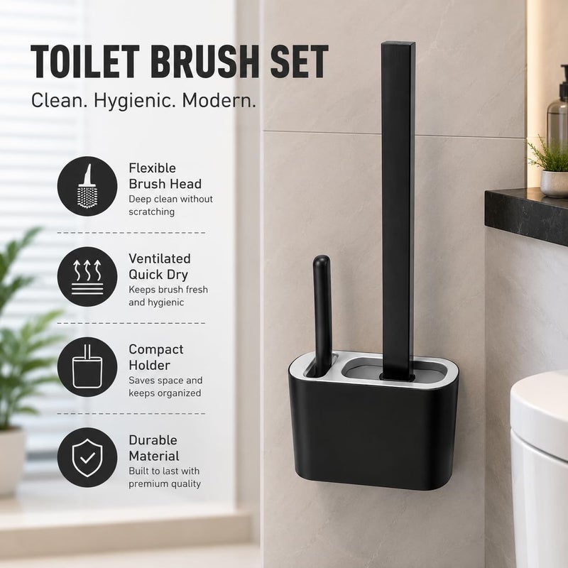 Toilet Brush Silicone Set With Holder – 3 in 1 Bathroom Cleaning Kit With Large And Small Brushes – Wall Mounted Or Standing – Quick Dry Base – Modern Compact Design (black) - Image 2
