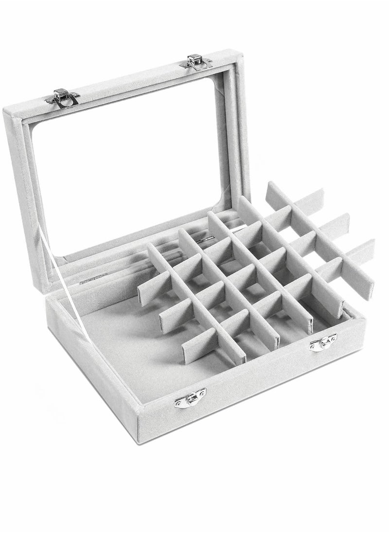 SYOSI - Jewelry Box 24 Grid Grey Velvet Jewelry Tray for Drawers Glass Clear Lid Showcase Display Storage Ring Trays Holder Earrings Organizer Case - Image 1