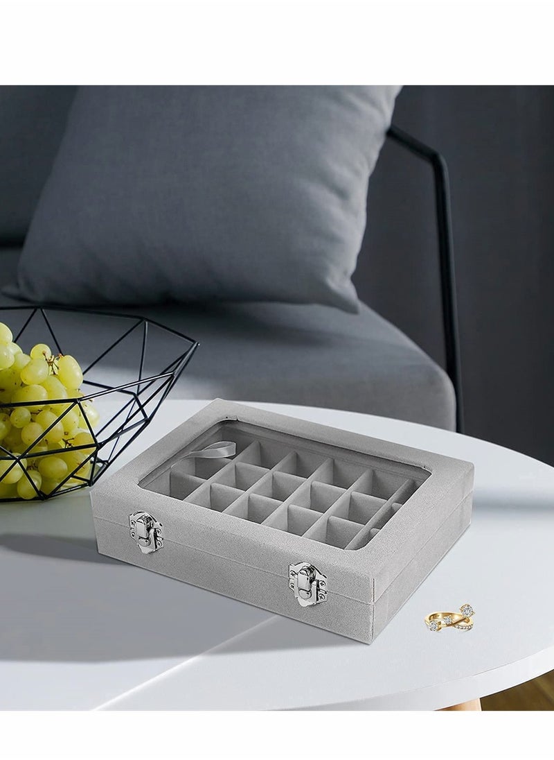 SYOSI - Jewelry Box 24 Grid Grey Velvet Jewelry Tray for Drawers Glass Clear Lid Showcase Display Storage Ring Trays Holder Earrings Organizer Case - Image 1