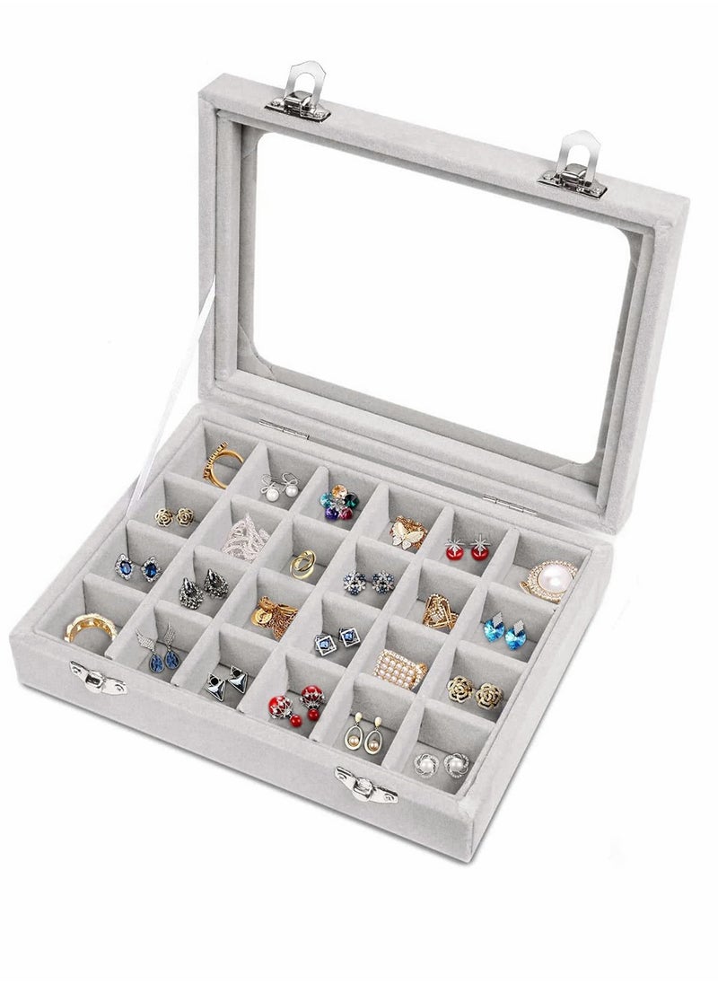 SYOSI - Jewelry Box 24 Grid Grey Velvet Jewelry Tray for Drawers Glass Clear Lid Showcase Display Storage Ring Trays Holder Earrings Organizer Case - Image 1